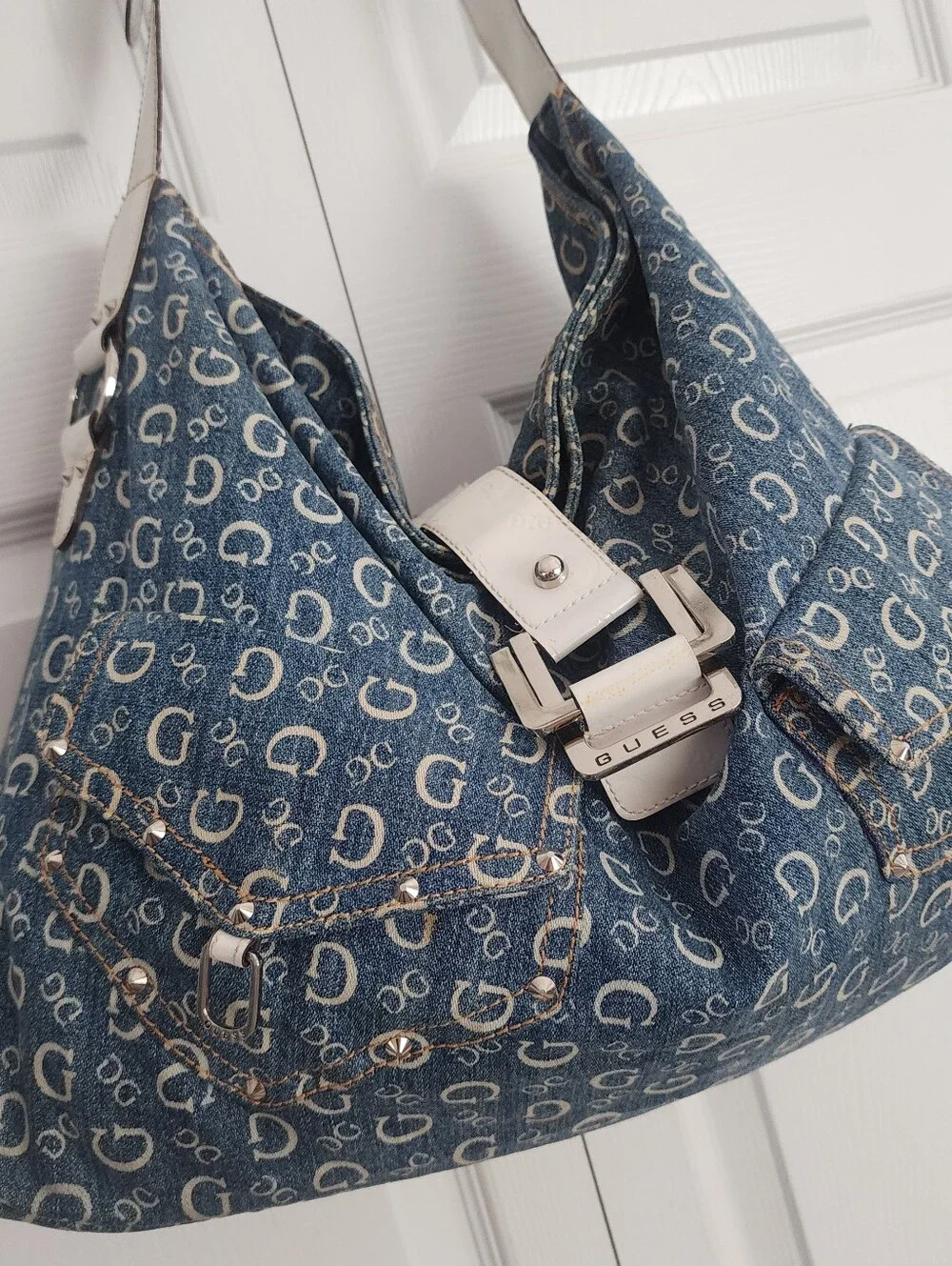 Y2K Guess Vintage Denim Blue Logo Monogram Studded Large Shoulder Hobo Bag